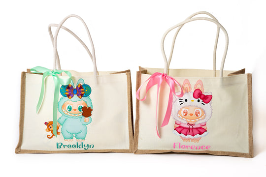Custom Name Jute Bag with Cute Trendy Character