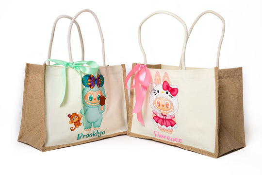 Custom Name Jute Bag with Cute Trendy Character