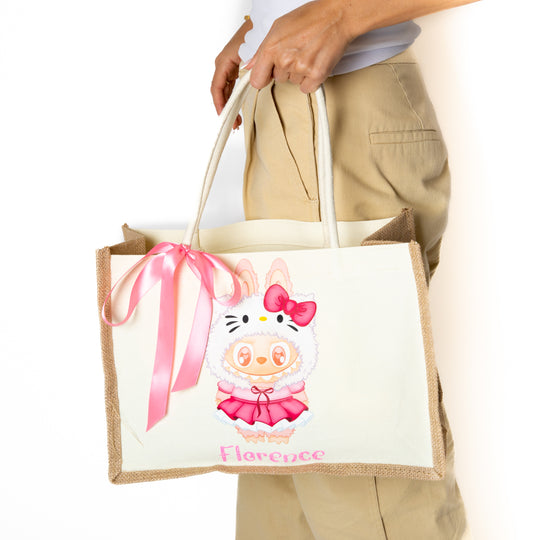 Custom Name Jute Bag with Cute Trendy Character