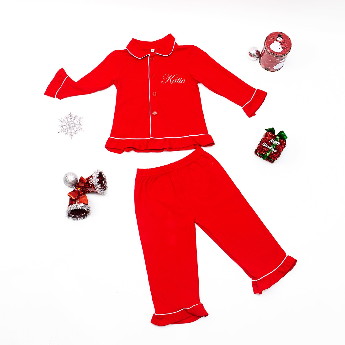 Custom Kids Cotton Christmas Ruffle Pajamas