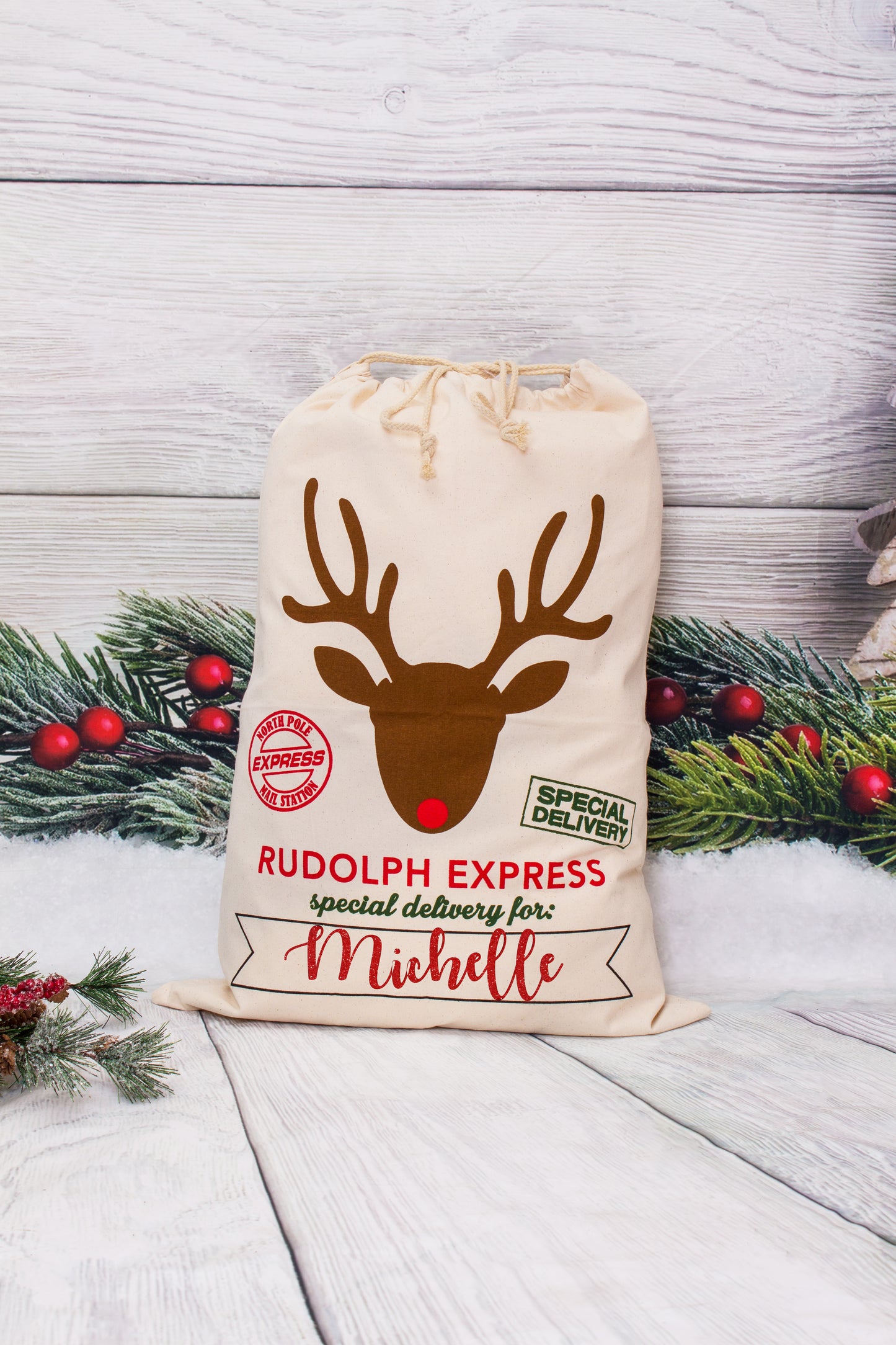 North Pole Express Christmas Gift Bag, Custom Santa Large Sack