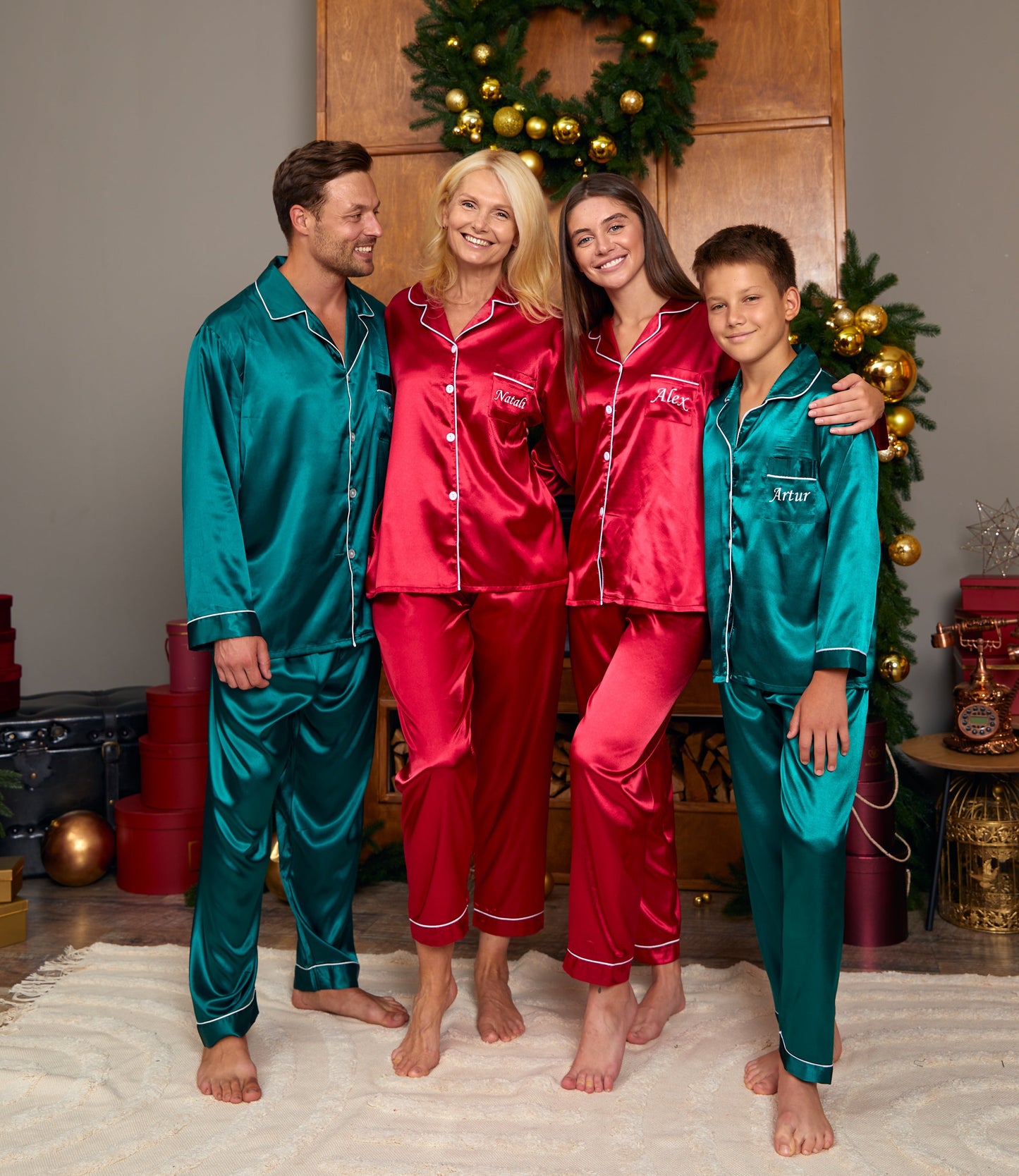 Family Matching Satin Xmas Pajamas Long Sleeves + Pants
