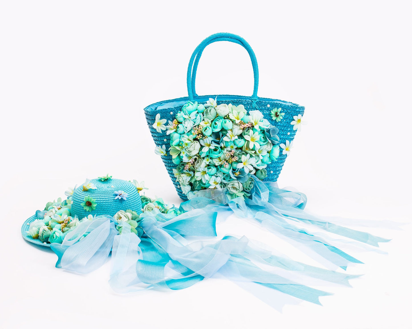 Bridal Straw Bag and Matching Hat with Flowers