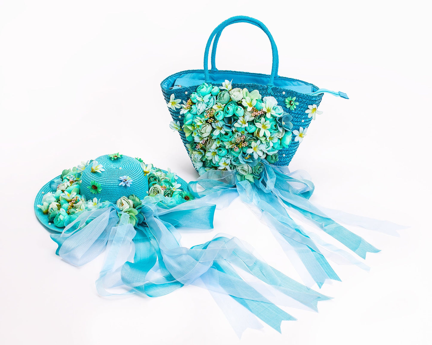 Bridal Straw Bag and Matching Hat with Flowers