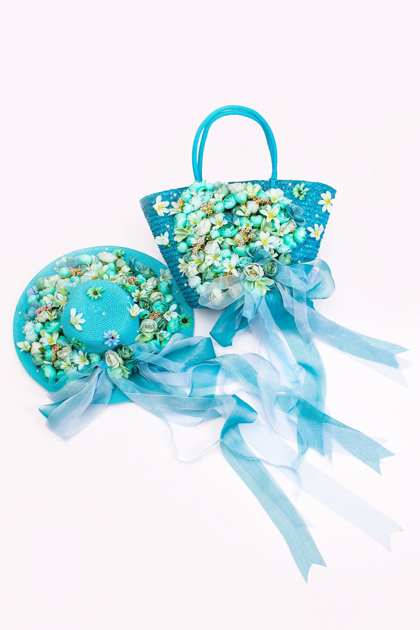 Bridal Straw Bag and Matching Hat with Flowers