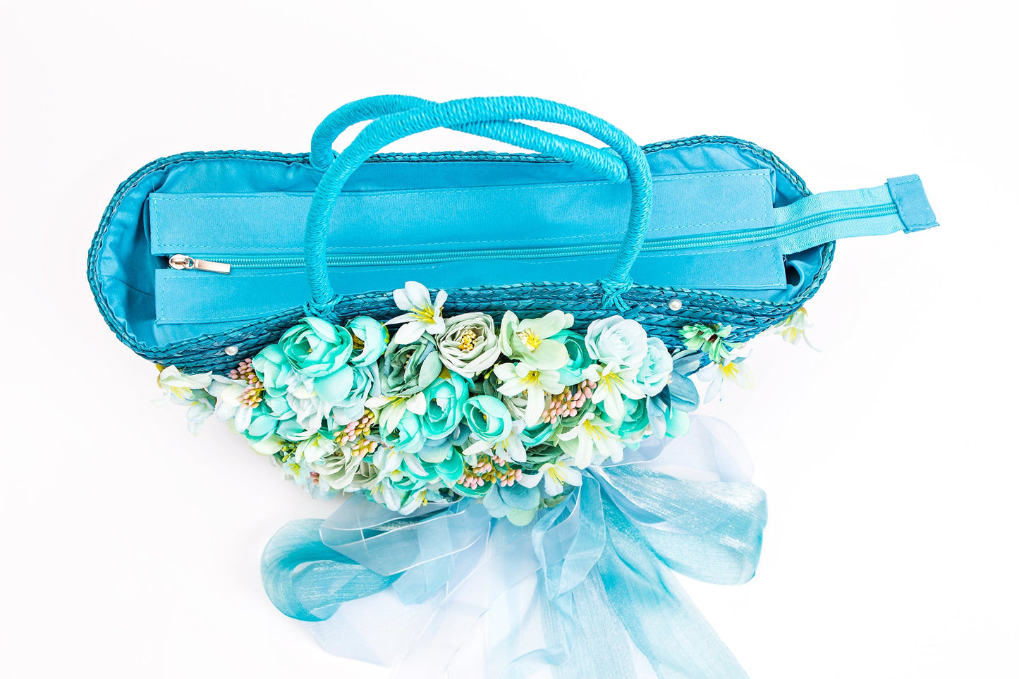 Bridal Straw Bag and Matching Hat with Flowers