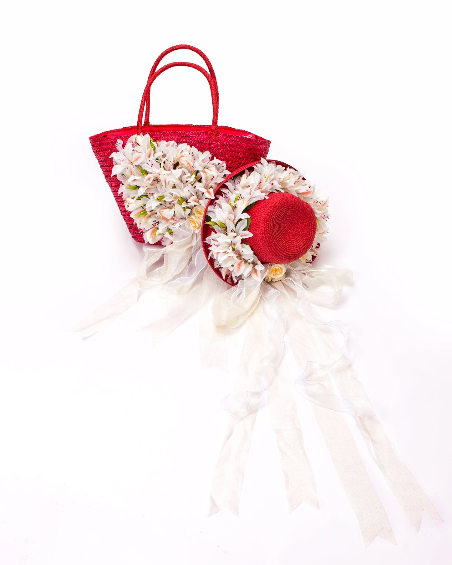 Bridal Straw Bag and Matching Hat with Flowers