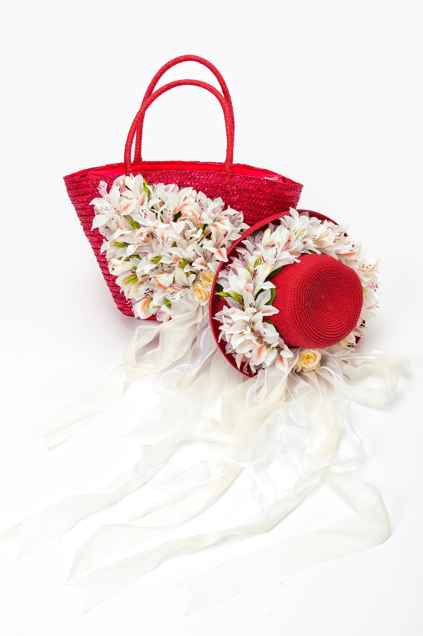 Bridal Straw Bag and Matching Hat with Flowers