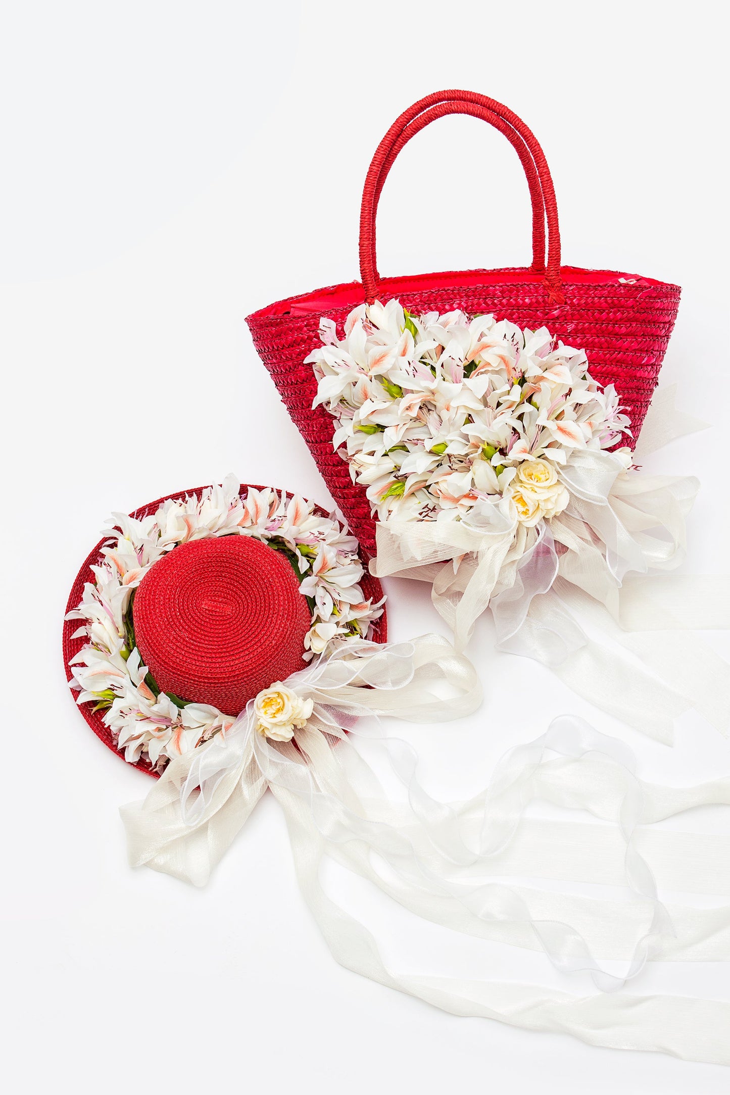 Bridal Straw Bag and Matching Hat with Flowers