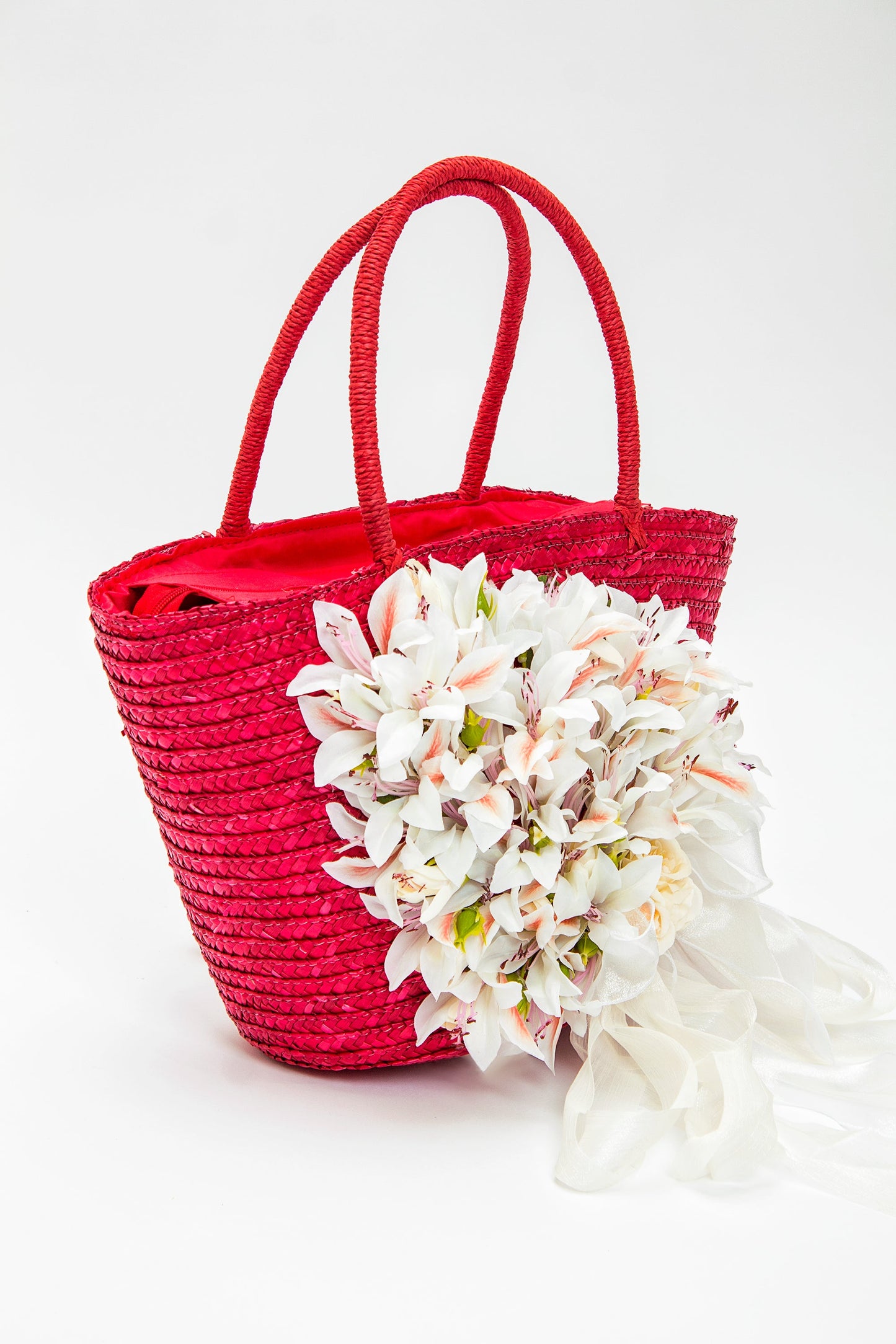 Bridal Straw Bag and Matching Hat with Flowers
