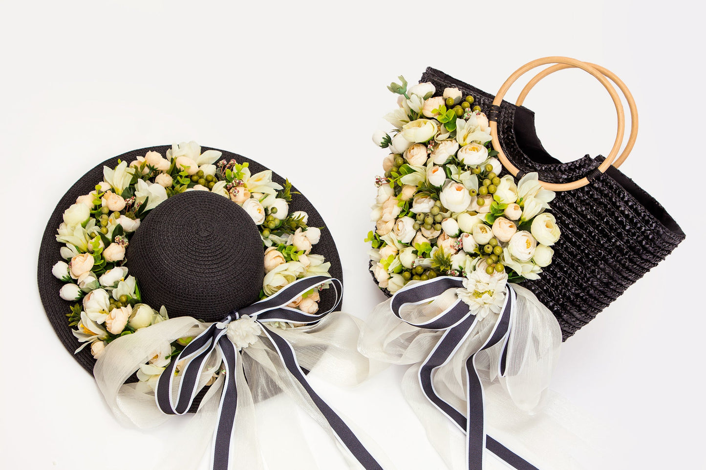 Floral Set Straw Bag and Hat for Bride Style 1