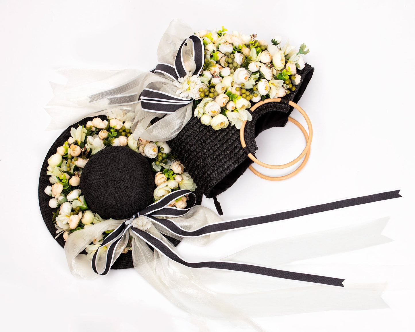 Floral Set Straw Bag and Hat for Bride Style 1