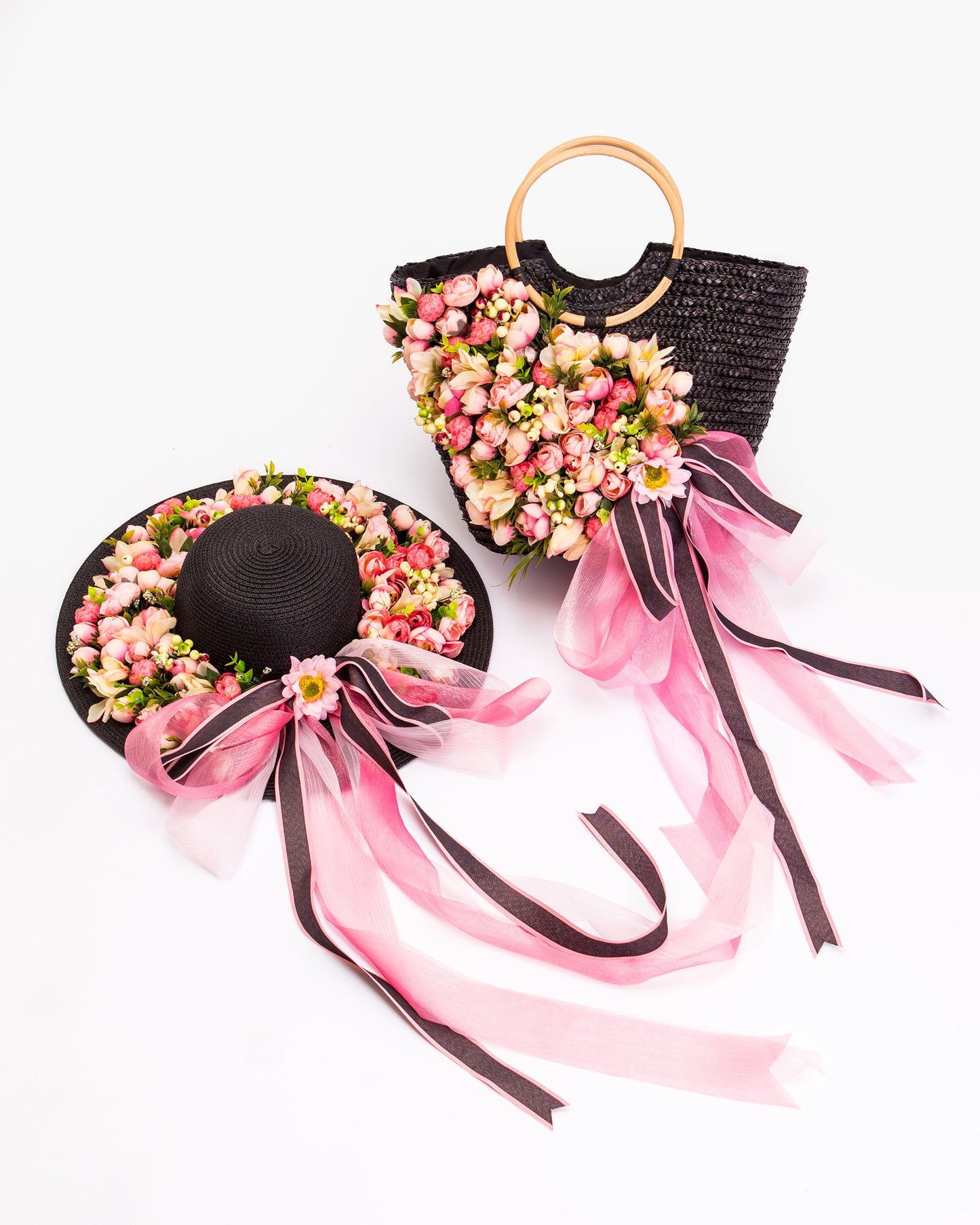 Floral Set Straw Bag and Hat for Bride Style 1