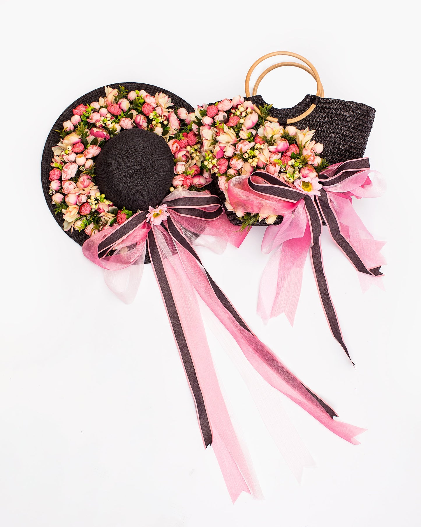 Floral Set Straw Bag and Hat for Bride Style 1