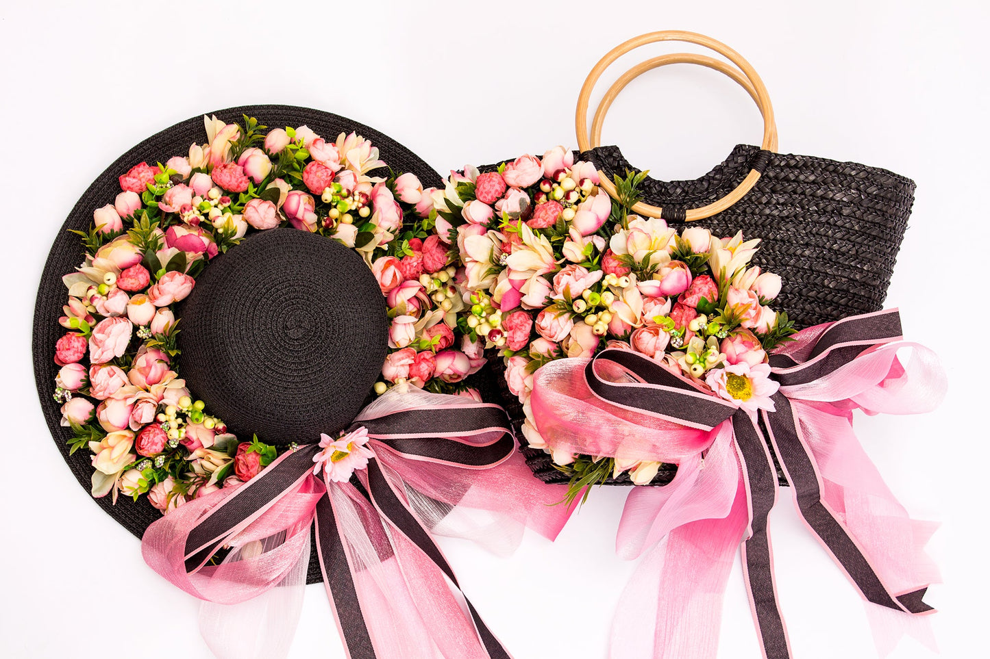 Floral Set Straw Bag and Hat for Bride Style 1