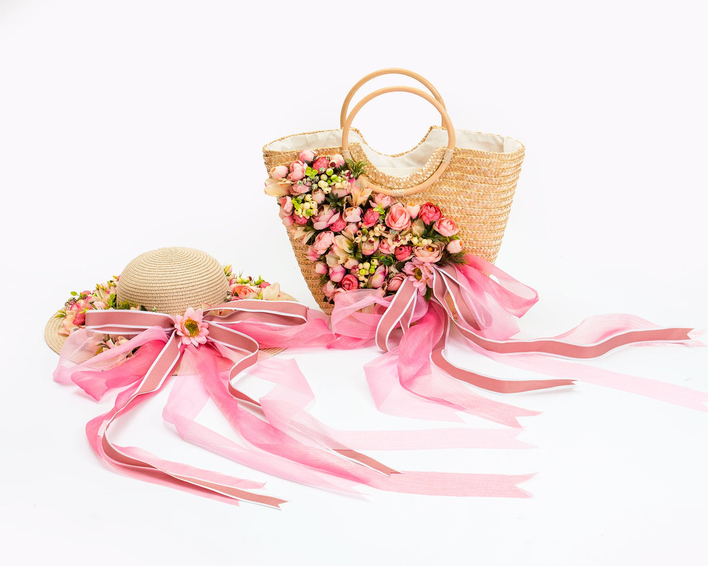 Floral Set Straw Bag and Hat for Bride Style 1