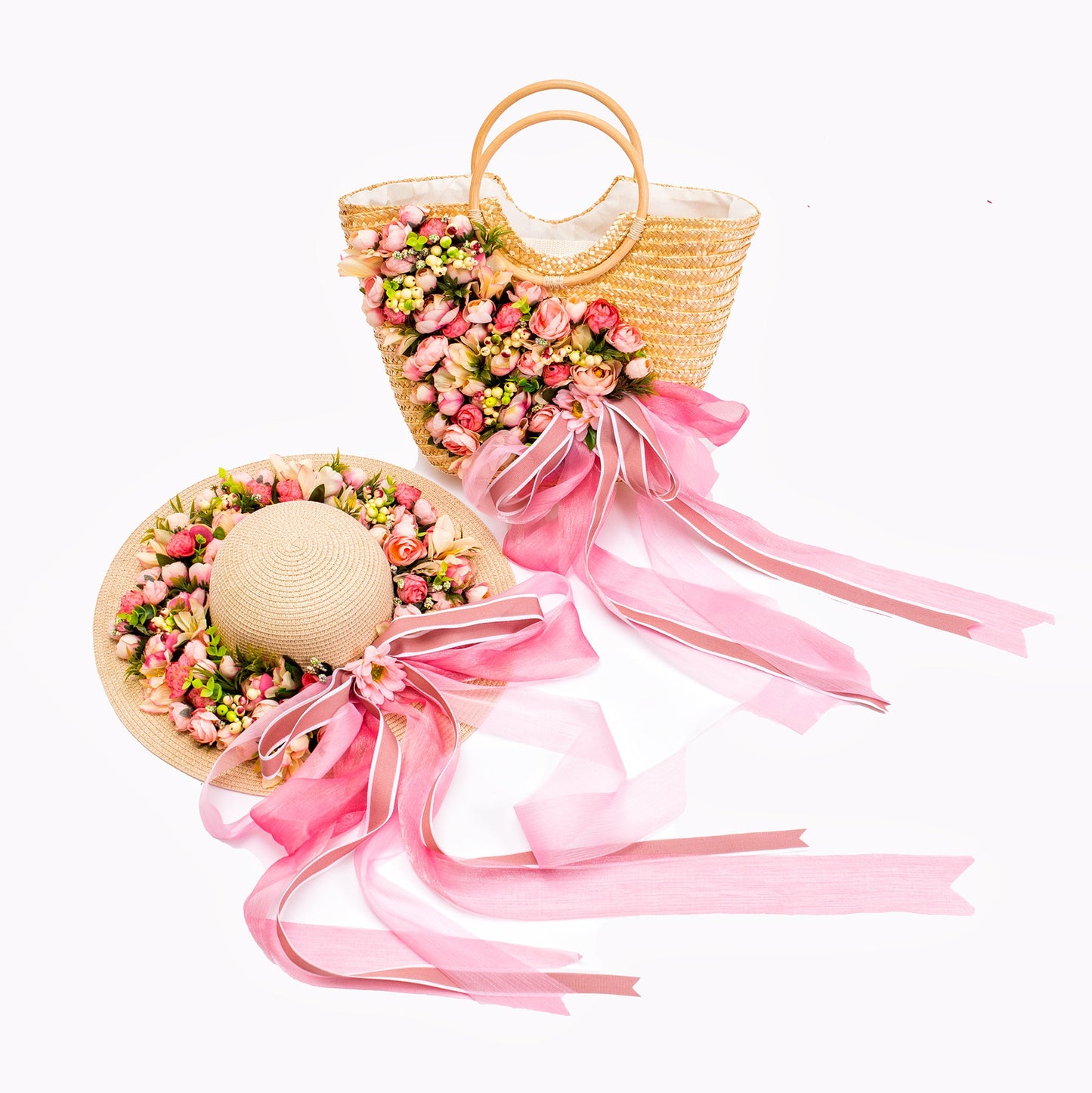 Floral Set Straw Bag and Hat for Bride Style 1