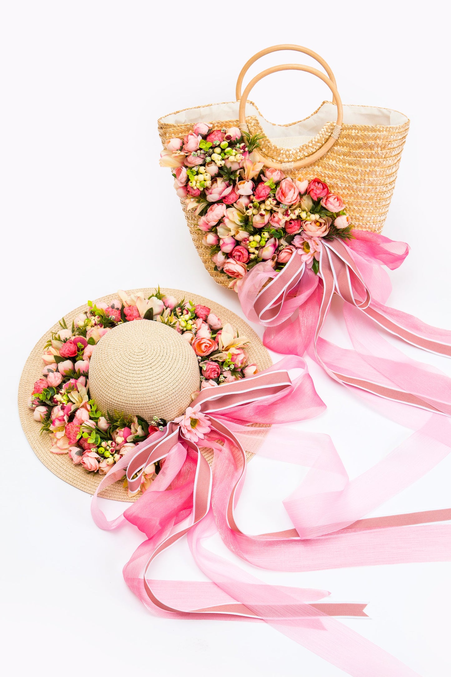Floral Set Straw Bag and Hat for Bride Style 1