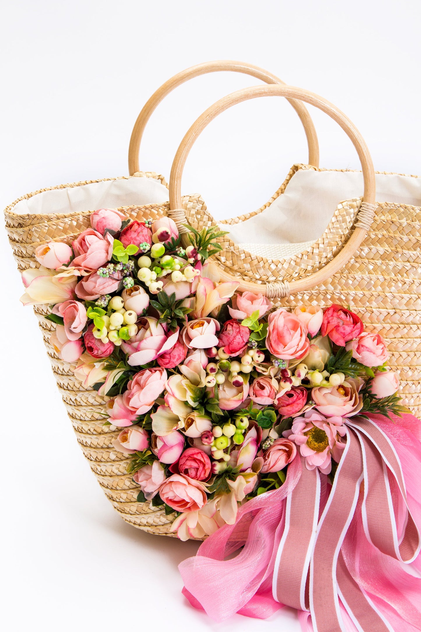 Floral Set Straw Bag and Hat for Bride Style 1