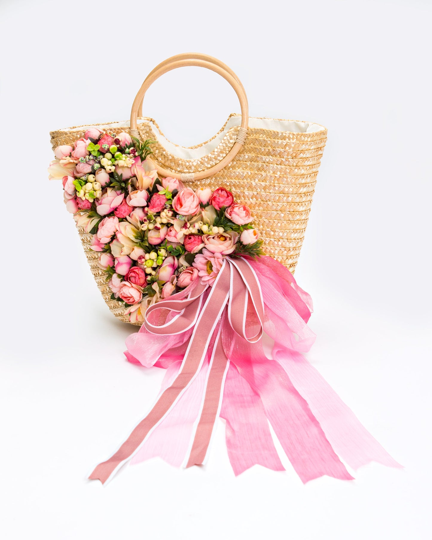 Floral Set Straw Bag and Hat for Bride Style 1