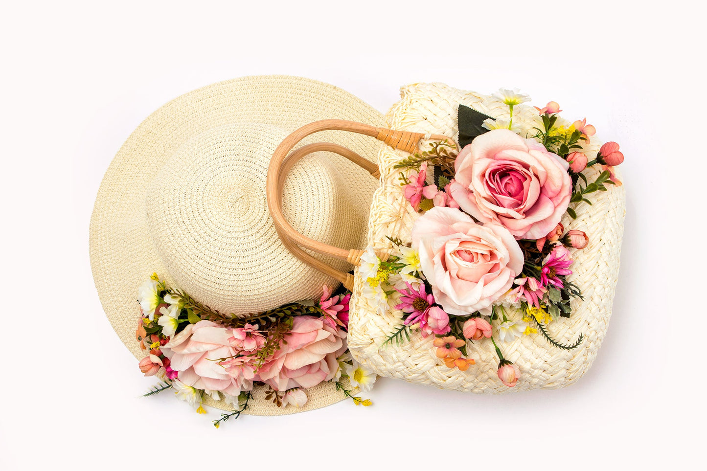 Bride Sun Hat and Straw Bag with Flowers- Small