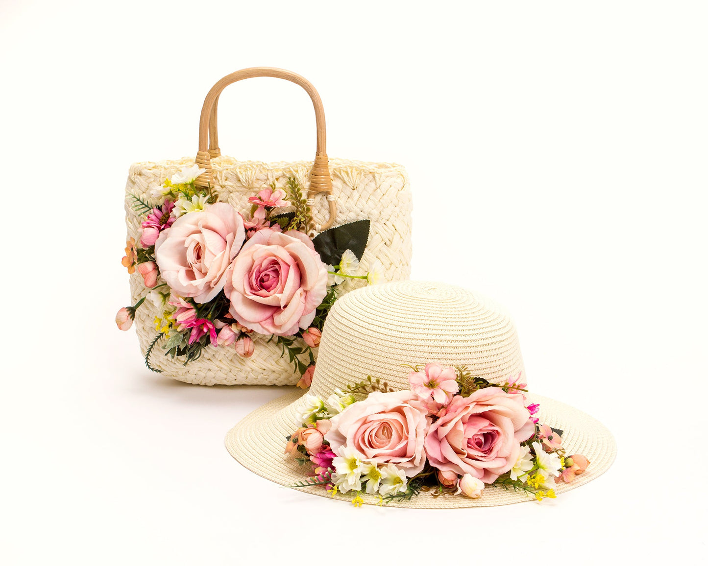 Bride Sun Hat and Straw Bag with Flowers- Small