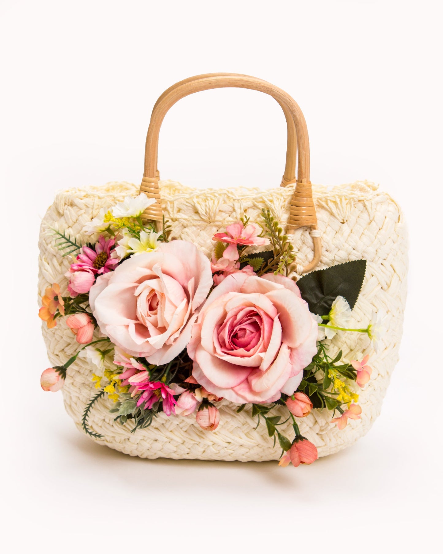 Bride Sun Hat and Straw Bag with Flowers- Small