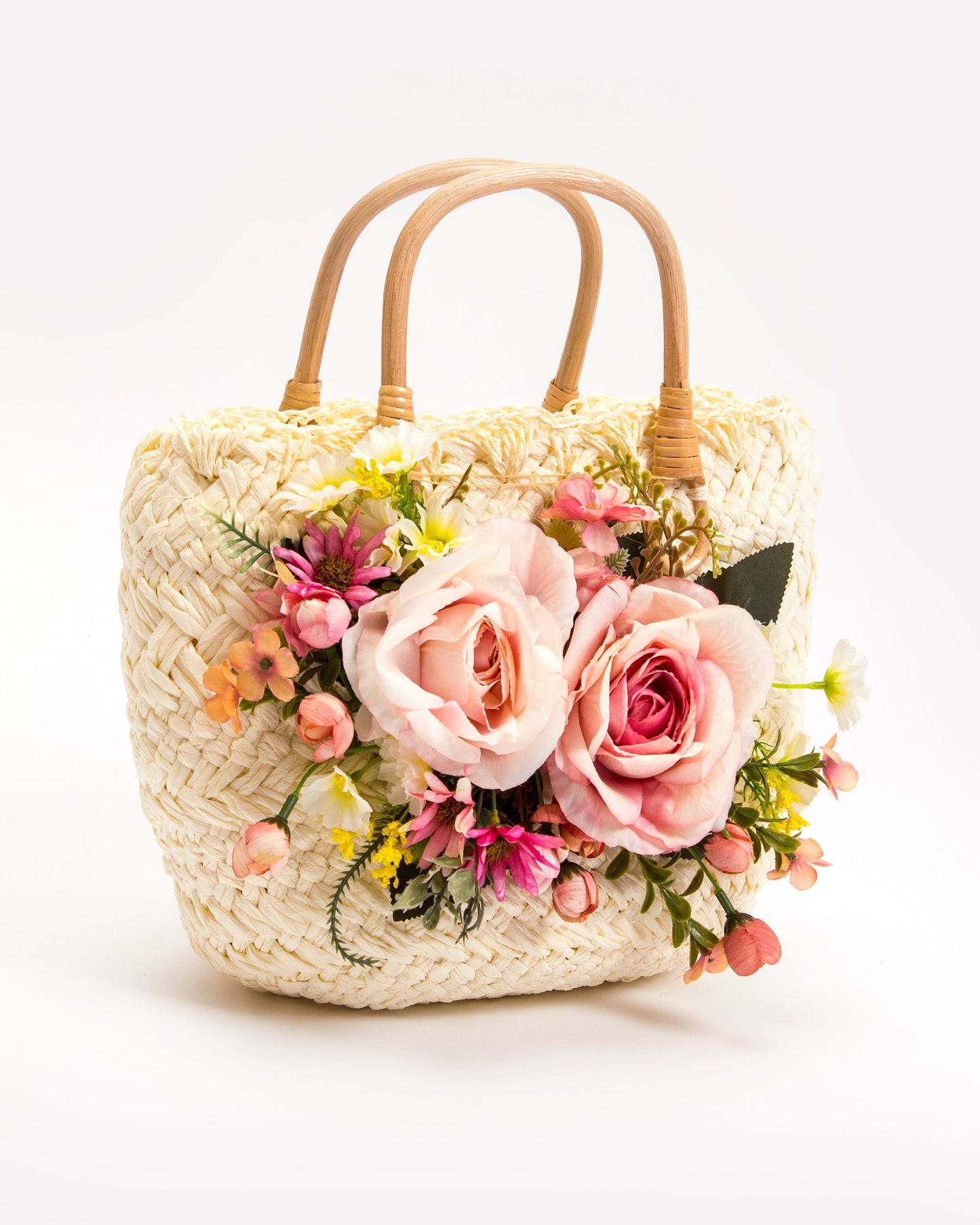 Bride Sun Hat and Straw Bag with Flowers- Small