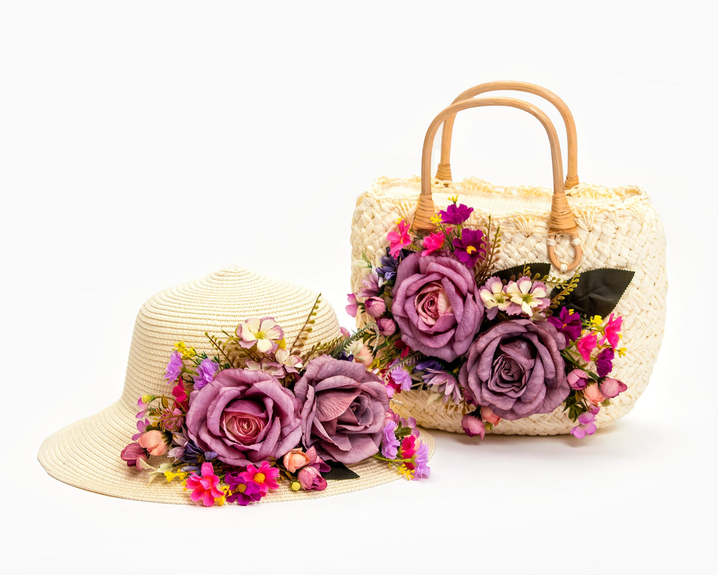 Bride Sun Hat and Straw Bag with Flowers- Small