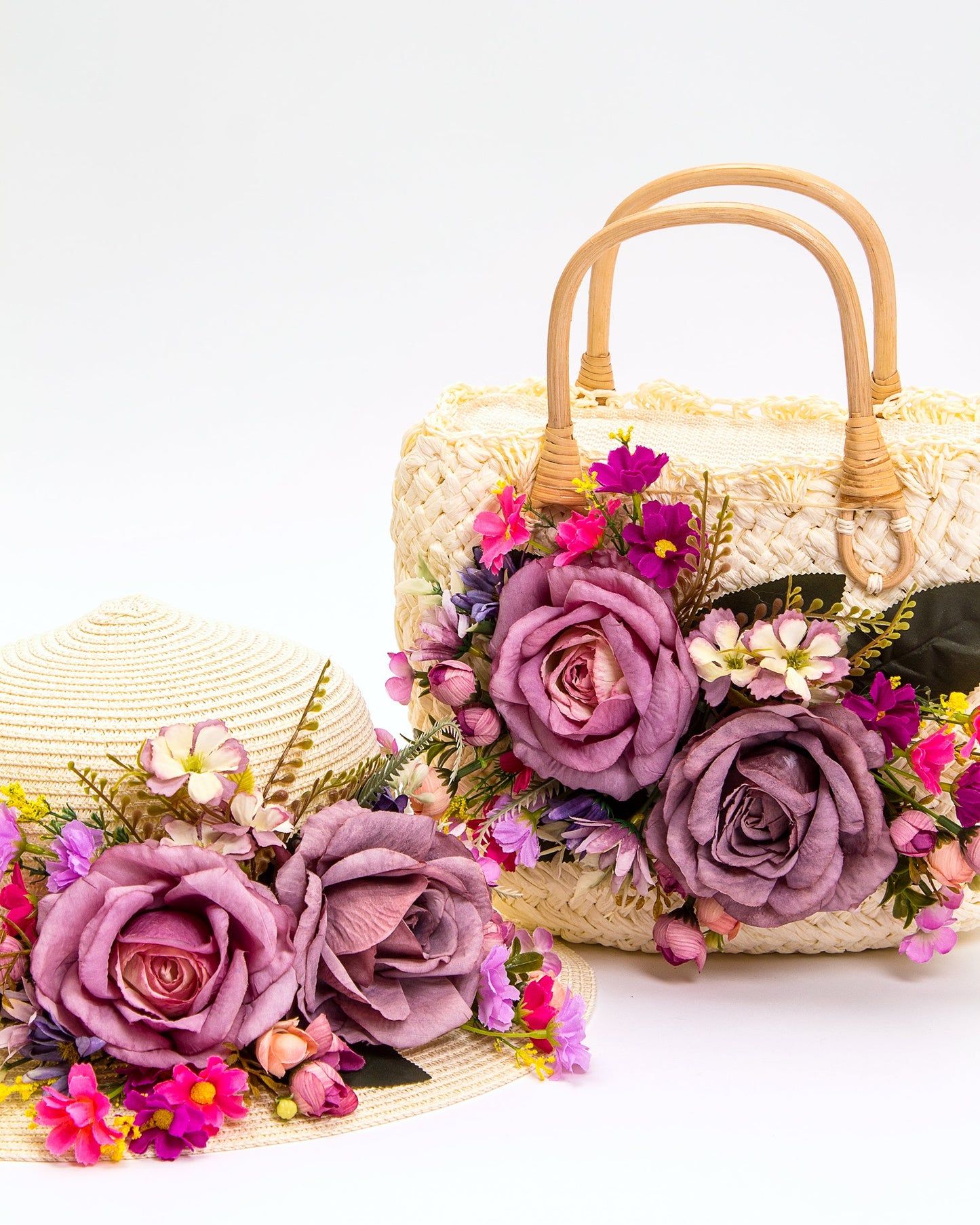 Bride Sun Hat and Straw Bag with Flowers- Small