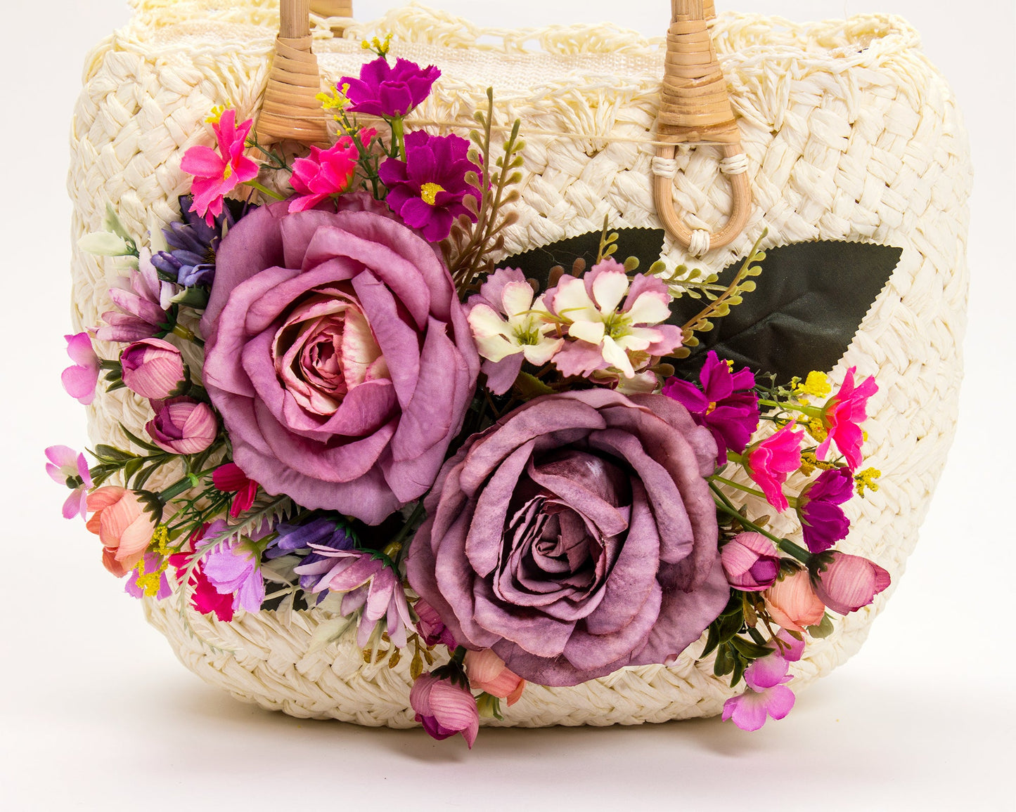 Bride Sun Hat and Straw Bag with Flowers- Small