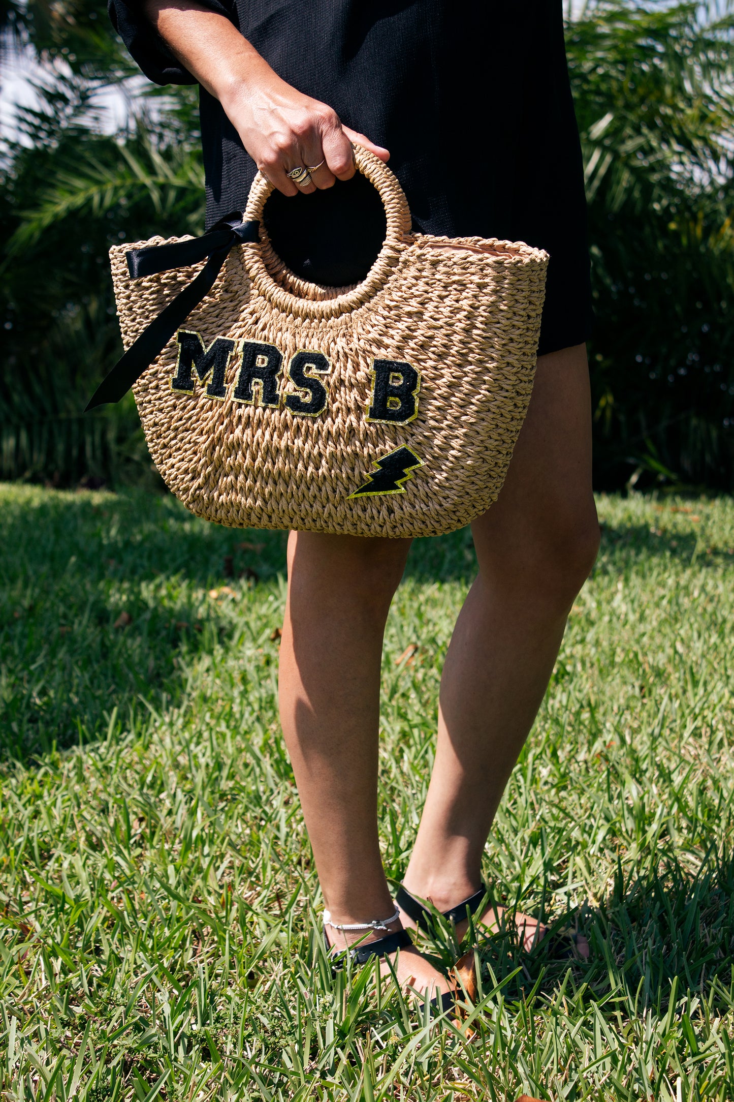 Bridal Mrs. Custom Beach Straw Bag - fluffy patches