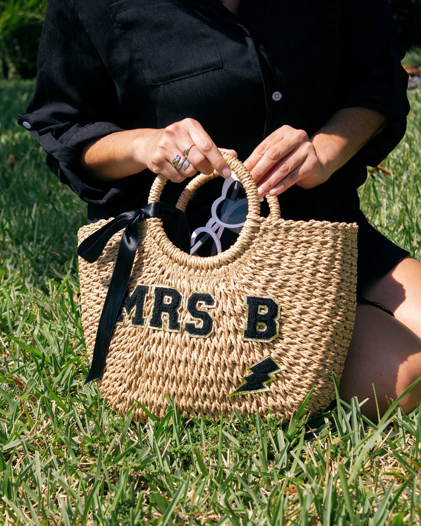 Mrs. Bridal Custom Beach Straw Bag - fluffy patches