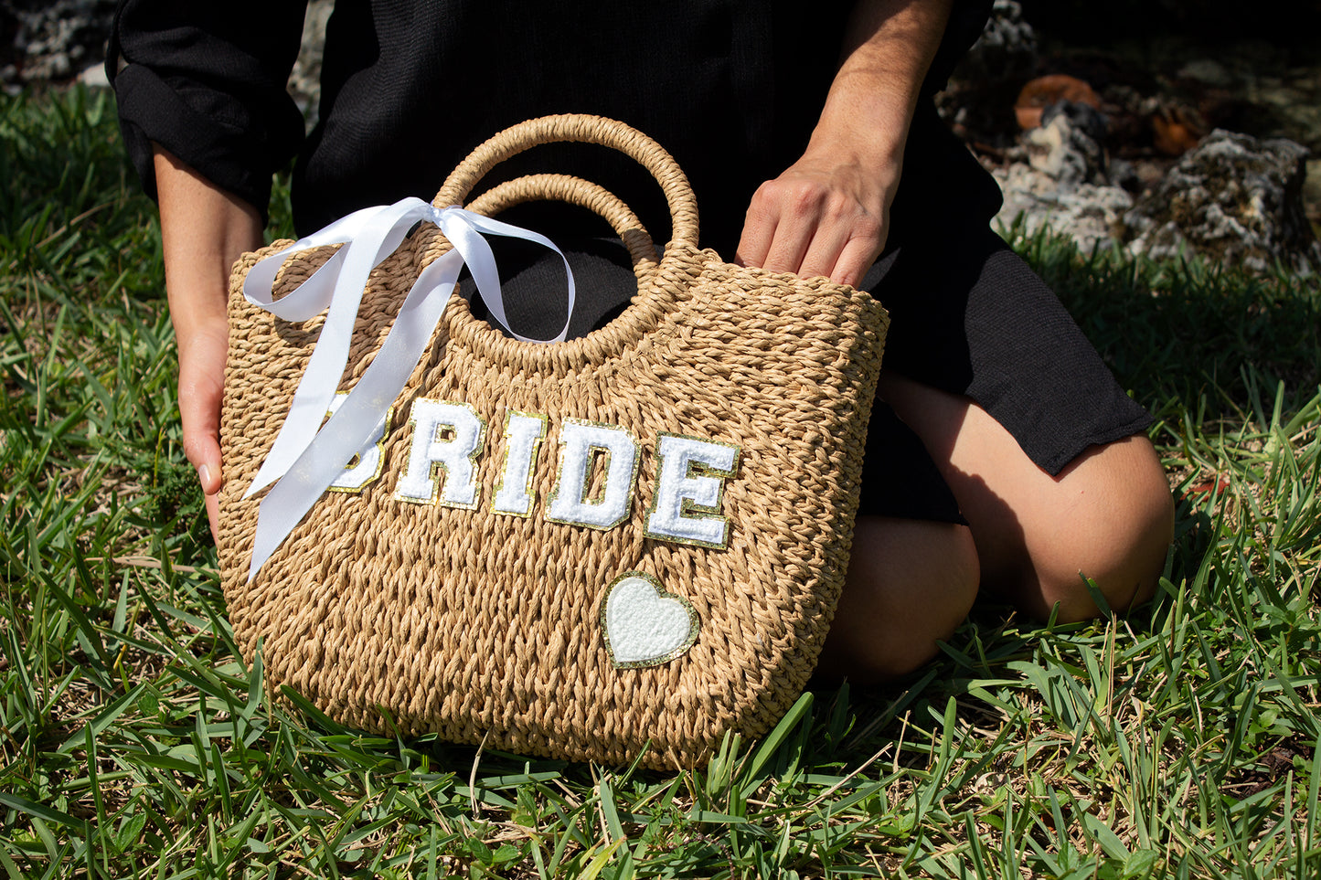 Bridal Mrs. Custom Beach Straw Bag - fluffy patches