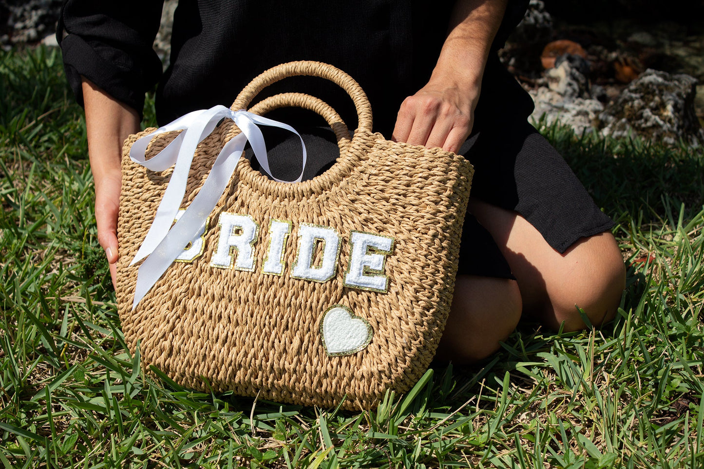 Mrs. Bridal Custom Beach Straw Bag - fluffy patches