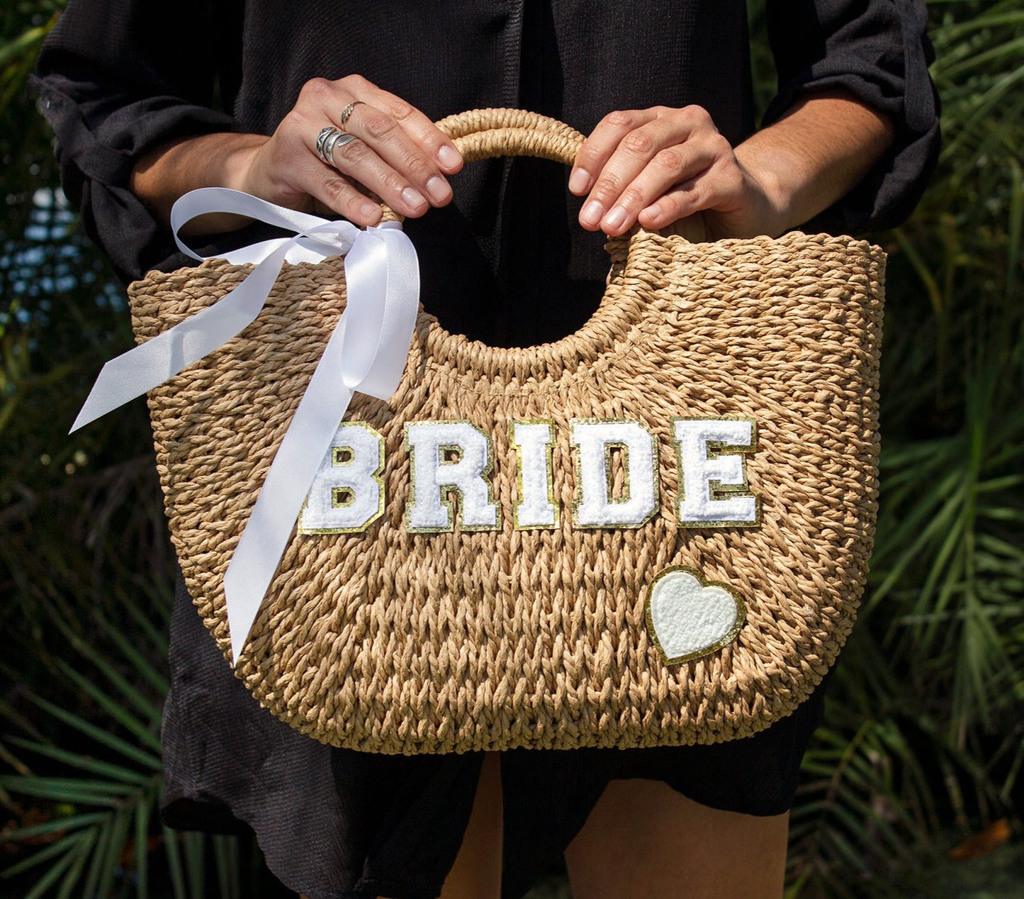 Mrs. Bridal Custom Beach Straw Bag - fluffy patches