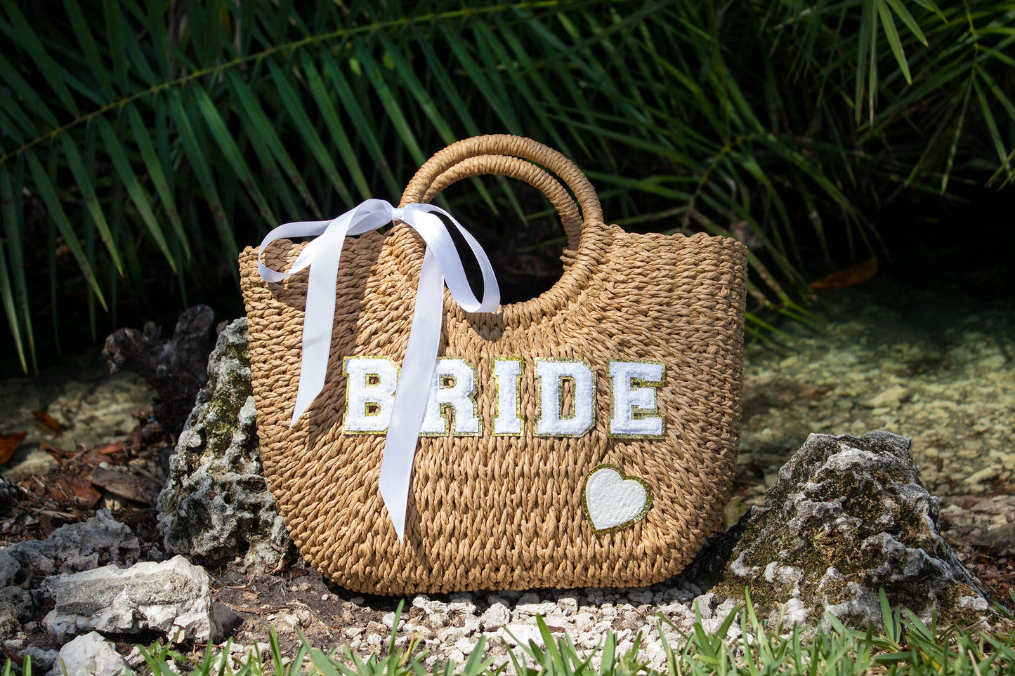 Mrs. Bridal Custom Beach Straw Bag - fluffy patches