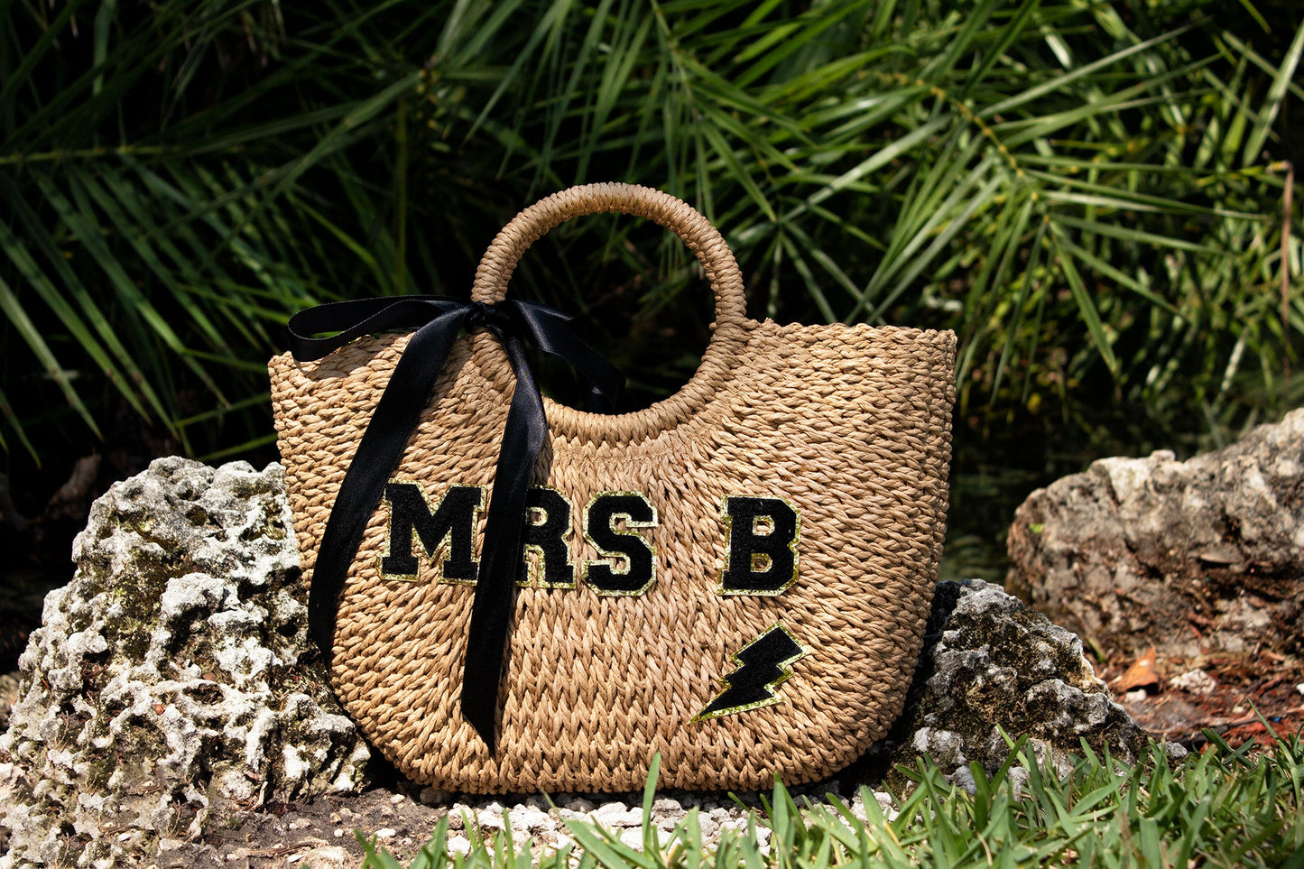 Mrs. Bridal Custom Beach Straw Bag - fluffy patches