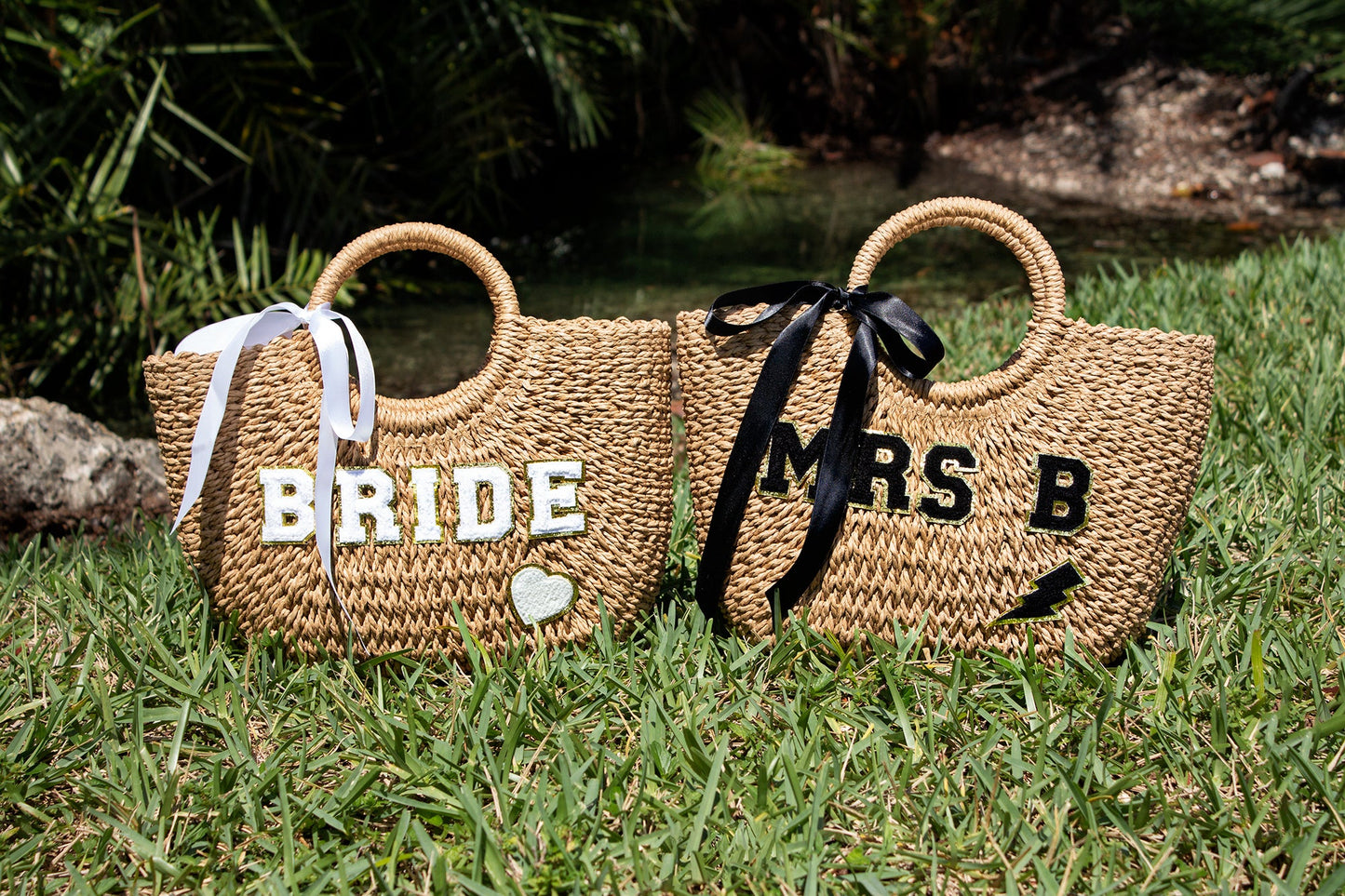 Mrs. Bridal Custom Beach Straw Bag - fluffy patches