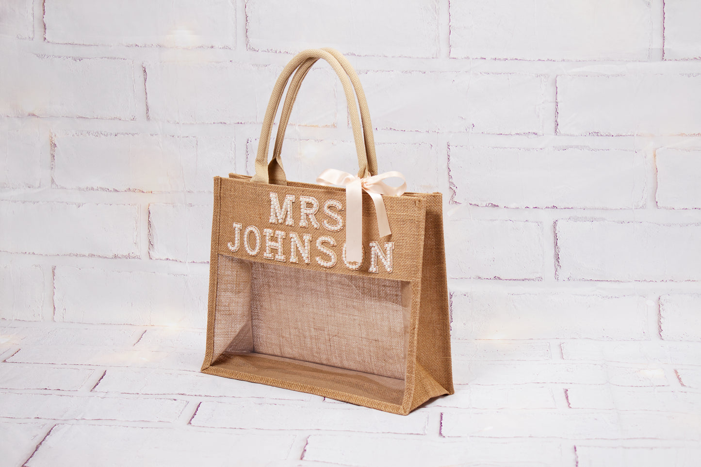 Transparent Custom Mrs Bride Tote Bag - Pearls Patches