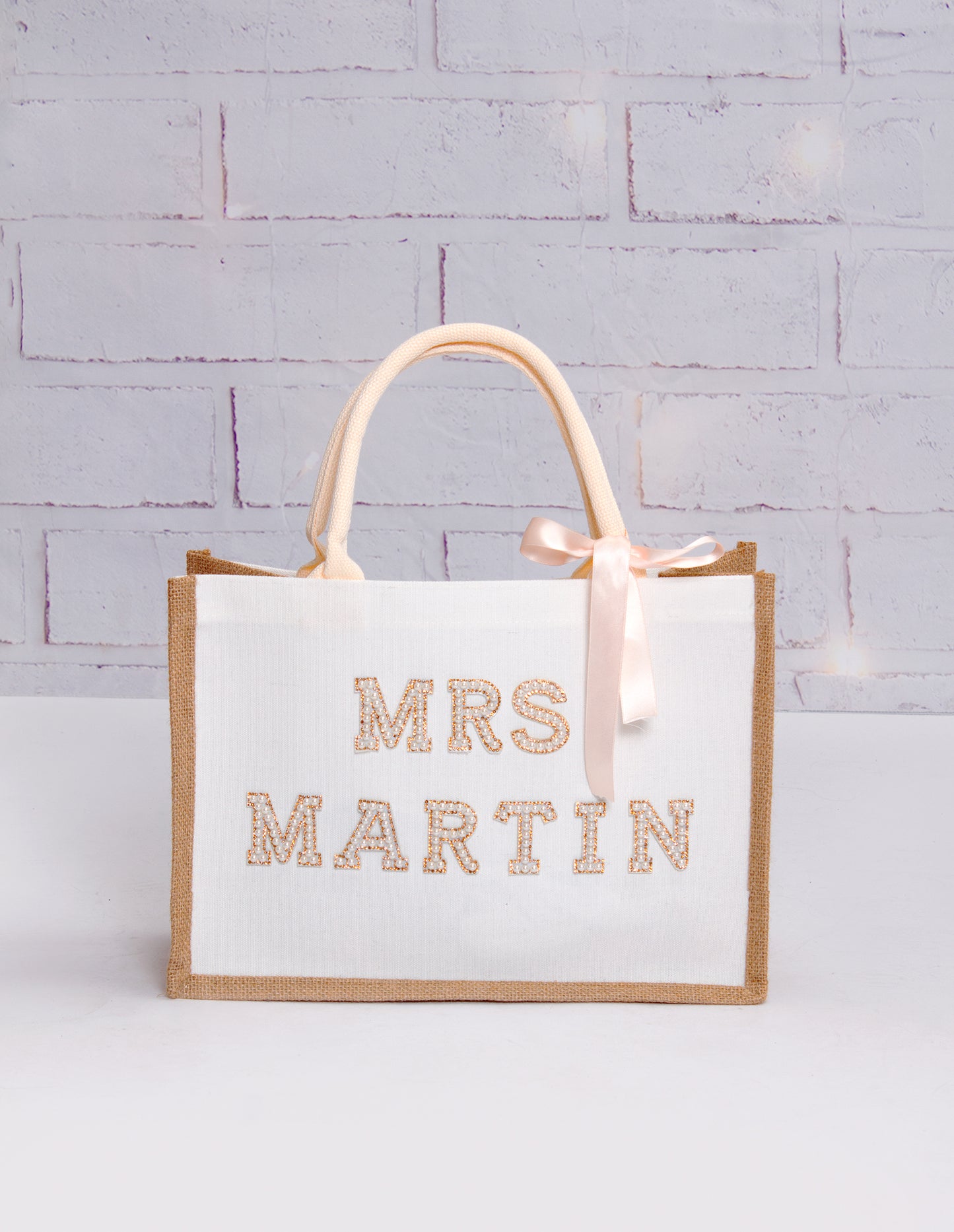 Custom Mrs Bride White Tote Bag with Pearls Patches