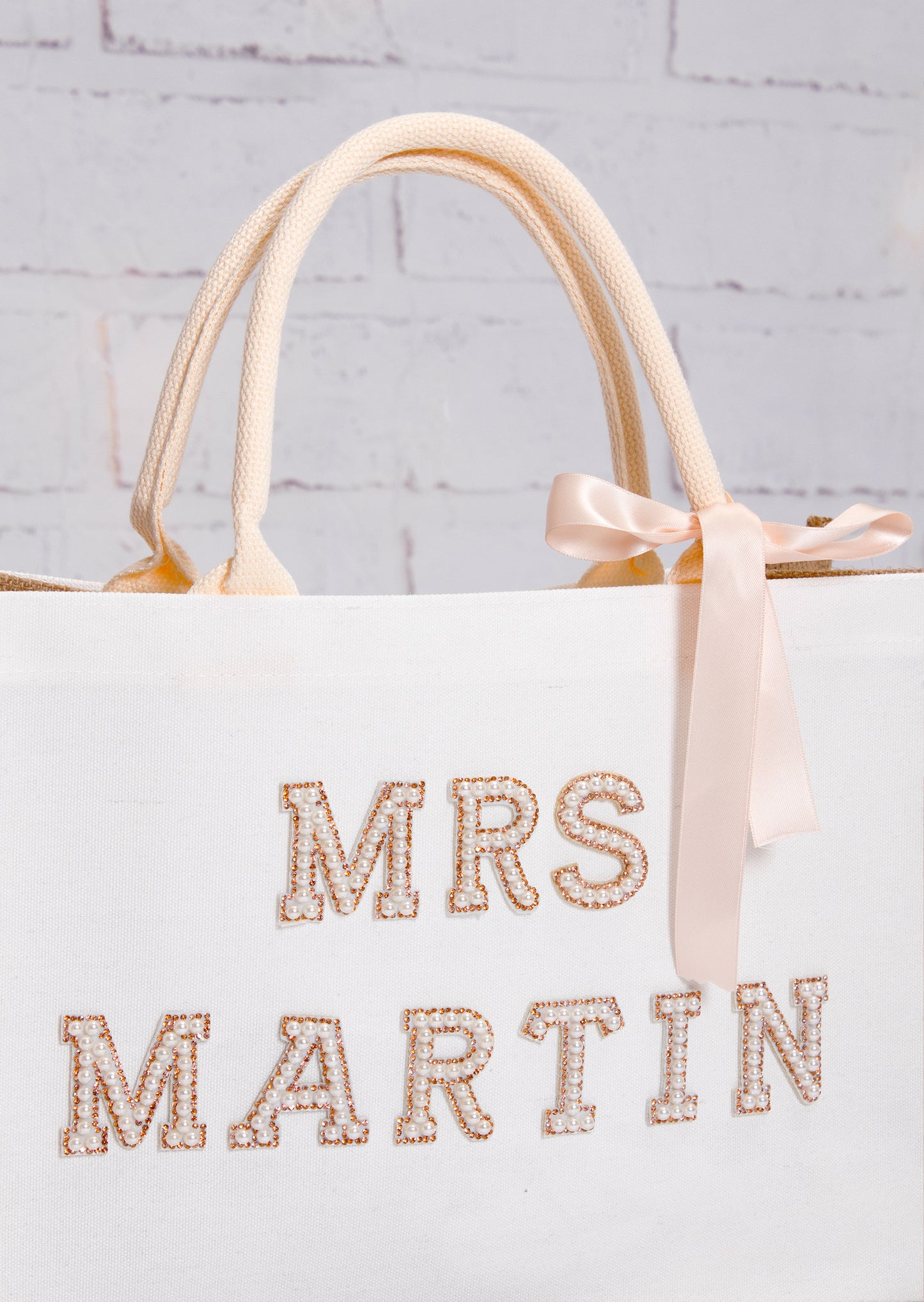 Custom Mrs Bride White Tote Bag with Pearls Patches