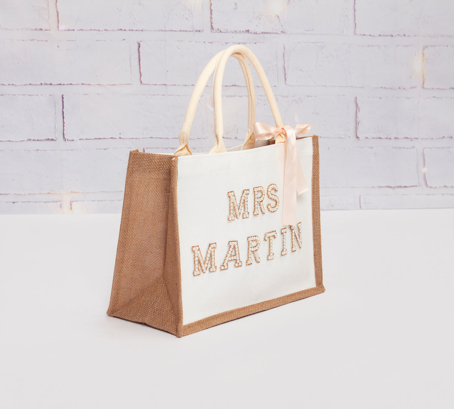Custom Mrs Bride White Tote Bag with Pearls Patches