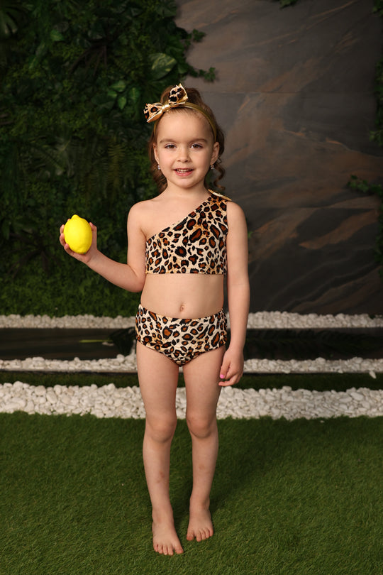 Leopard One Shoulder Off Girls Bikini Set