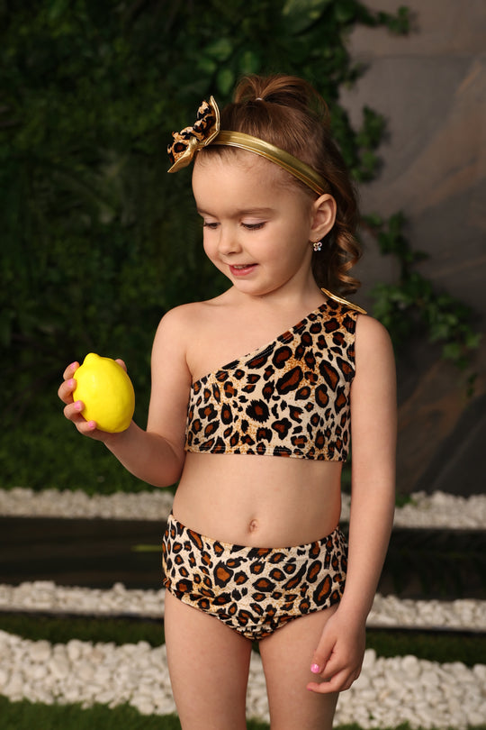 Leopard One Shoulder Off Girls Bikini Set
