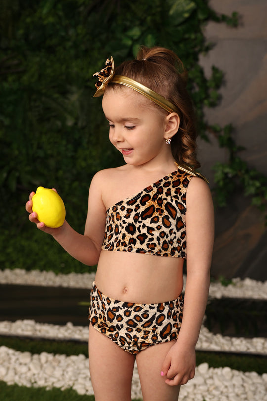 Leopard One Shoulder Off Girls Bikini Set