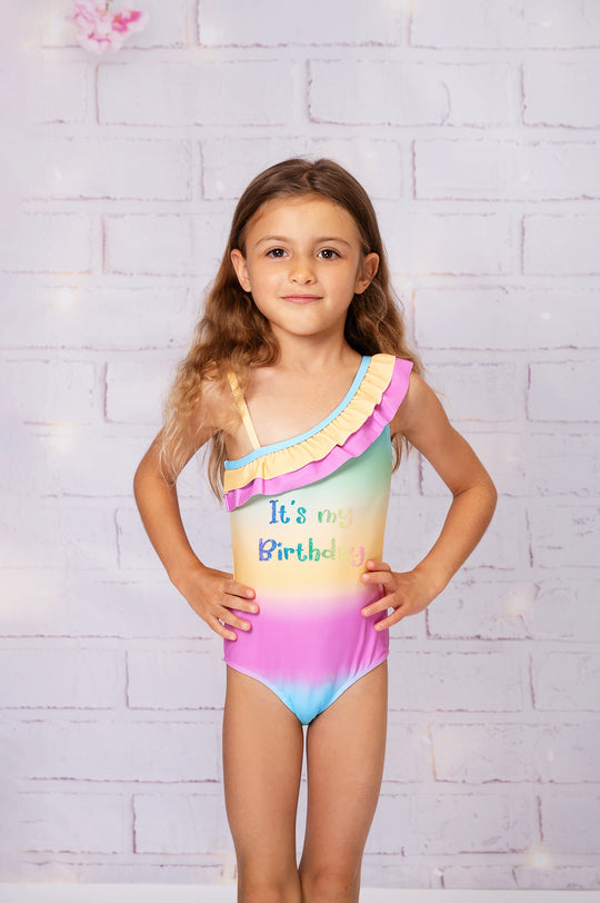 Kids Shoulder Off Rainbow One Piece Swimsuit