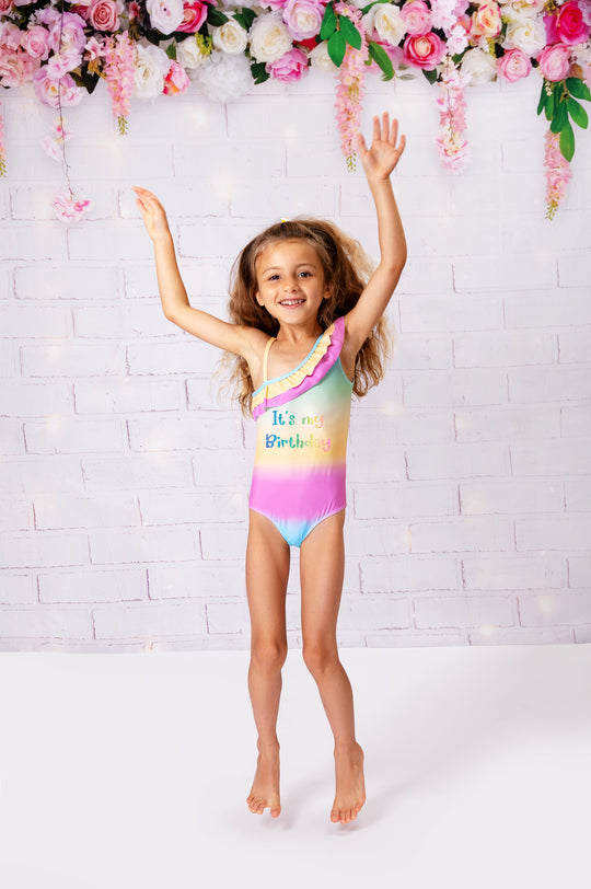 Kids Shoulder Off Rainbow One Piece Swimsuit