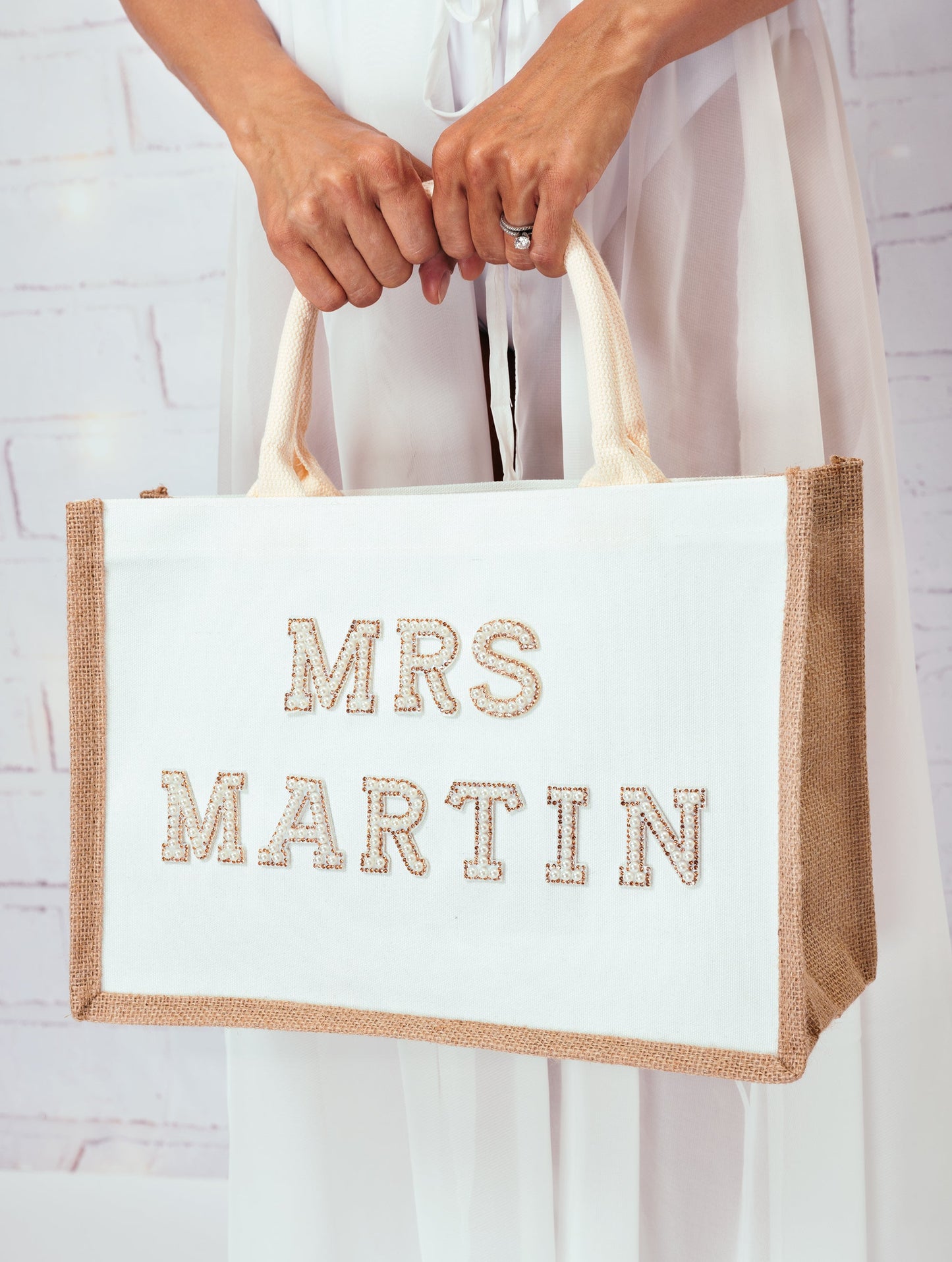 Custom Mrs Bride White Tote Bag with Pearls Patches
