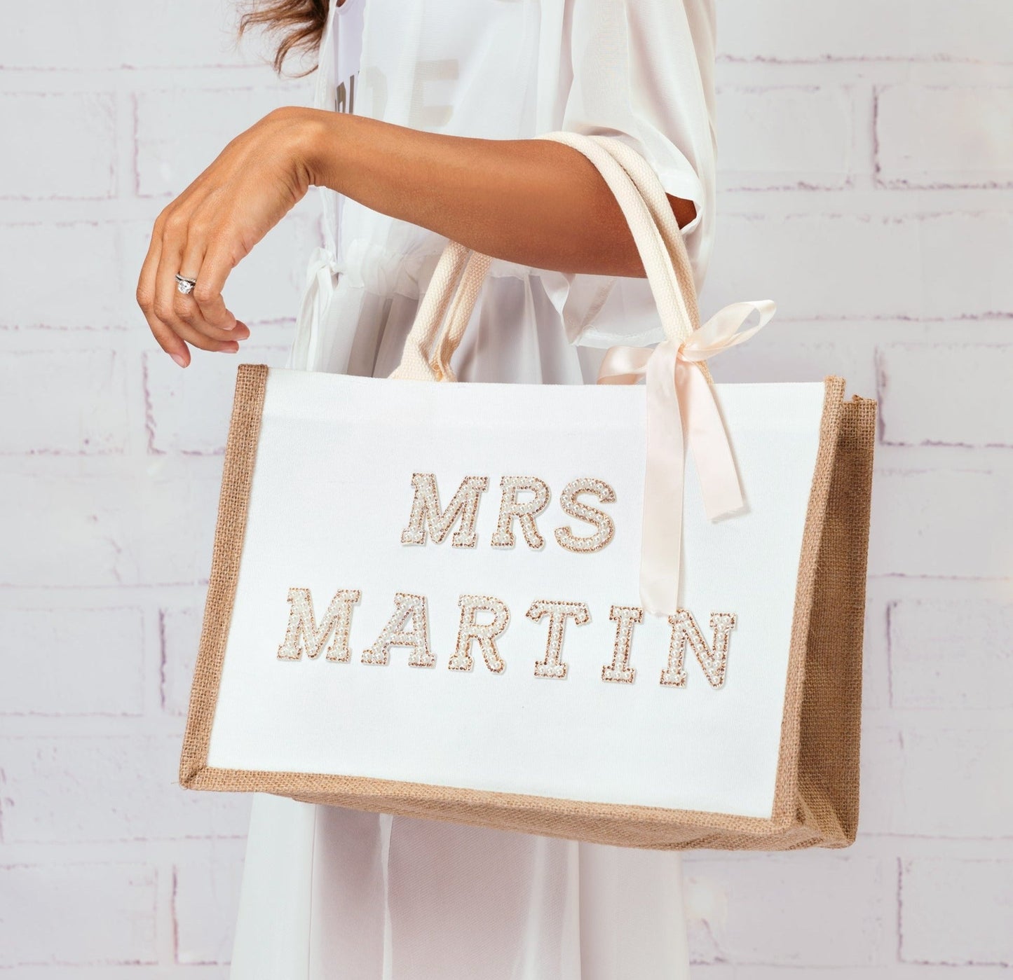 Custom Mrs Bride White Tote Bag with Pearls Patches